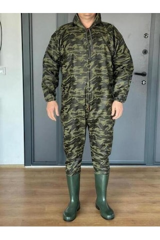 Kamuflaj Desen 3.8 Mm. Pvc, Su Geçirmez Kapuşonlu, Çizmeli, Boy Tulum