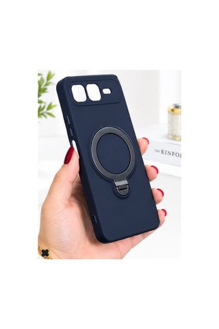 İnfinix Smart 10 Plus İle Uyumlu 360 Derece Dönebilen Kalın Metal Magsafe Halka Stantlı İçi Kadife Korumalı Ultra Lüx Premium Silikon Kılıf Lacivert