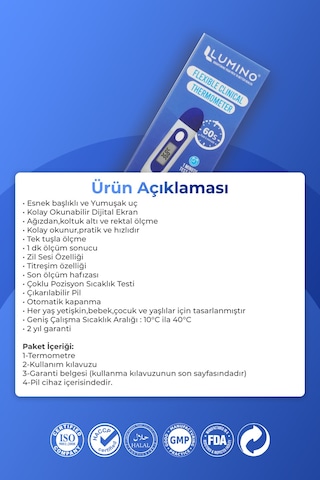Lumino Esnek Uçlu Dijital Ateş Ölçer 2'li Set - Sesli Uyarı & Hafızalı Termometre - Bebek & Yetişkin