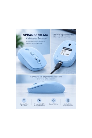 Sprange Sessiz Tık Şarj Edilebilir Kablosuz Mouse - Bluetooth 5.4 & 2.4ghz Çift Modlu Mouse Sr-m4 Mavi