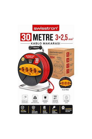 Swisstron Sws30mek 30 Metre Makaralı Uzatma Kablosu 3x2,5 Mm² 4 Prizli Bakır Sargılı Çok Yönlü 30 M