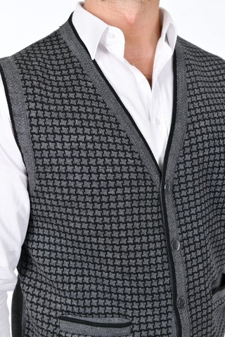 Kamalı Gri Erkek Çelik Örgü Düğmeli Cepli Kazayağı Desen Tüylenmeyen Triko Kışlık Kazak Yelek Gri