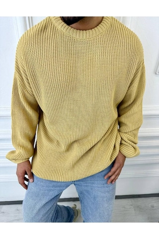 Kazak Oversize Çift Kat Örme Naturel Pamuk Bol Kesim Tüylenmeyen Salaş Triko Kazak Hardal