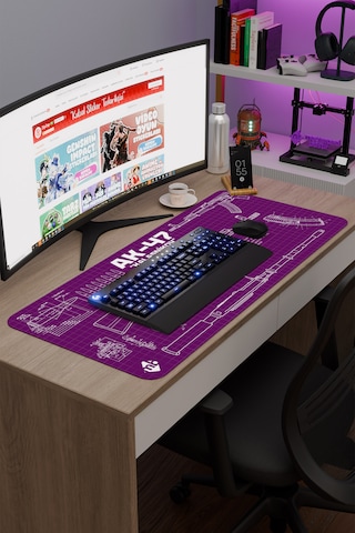 Ak 47 Siyah Kalaşnikov Cs Dikişli Kauçuk Oyuncu Mousepad - 90x40 Gaming Mouse Pad Ak-47 Mor