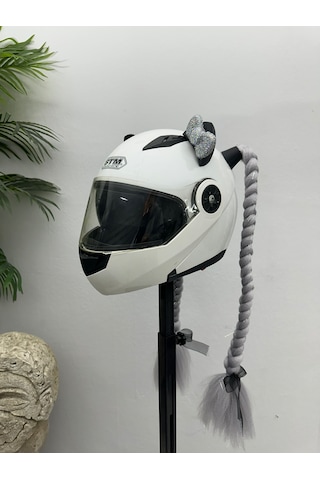 Motor & Motosiklet Gri Simli Çift Örgü Saç Ve Hologram Fiyonklu Kedi Kulak Set Kask Dış Aksesuarı Diğer