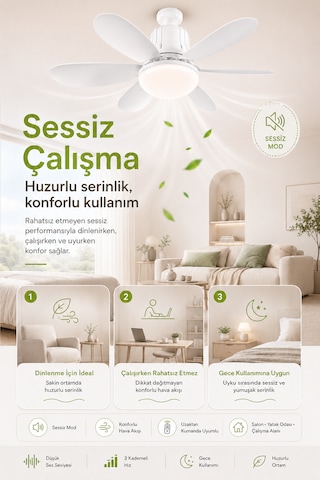 Goes Tavan Vantilatörü Led Işık 3 Kademe Hız Modu Sessiz 52 Cm Çap 6 Kanat Kumandalı Vantilatör