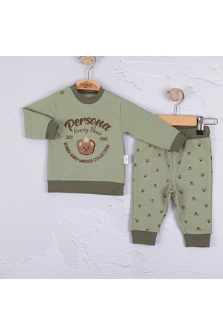 3-18 Ay Erkek Bebek Takımı Persona Bear Nakışlı 2'li Yeşil Yeşil