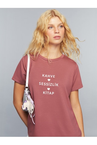 Lcw Everyday Pembe Bisiklet Yaka Slogan Baskılı Kadın Tişört