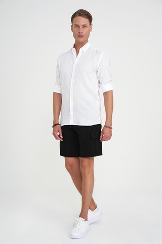 Comfort Fit Düğme Yaka Katlanır Kol %100 Keten Düz Beyaz Gömlek G 1595 Beyaz