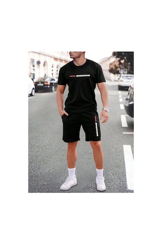 Newyork Çizgi T-shirt Şort - Siyah Alt Üst Kombin Şort Tişört Takım Baskılı Oversize Bisiklet Yaka Siyah