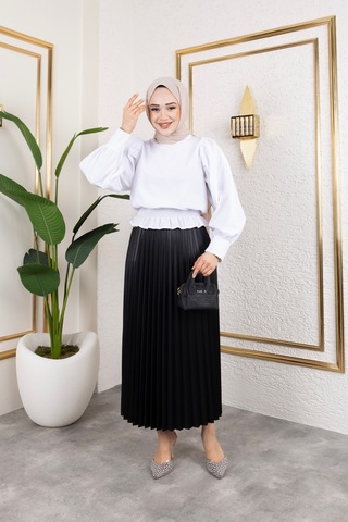 Hira Life Fashion Kadın Tesettür Giyim Ve Deri Görünümlü Beli Lastik Detayı İle Piliseli Uzun Etek Siyah Siyah