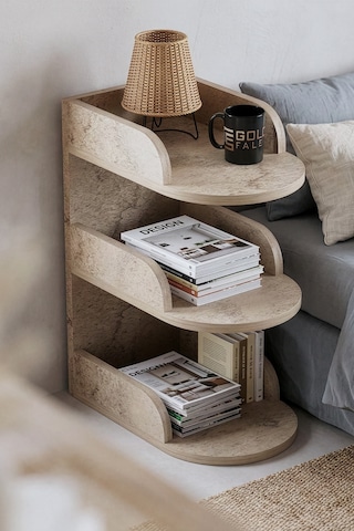 Komodin Modern Ahşap 3 Katlı Raflı Yan Sehpa Çok Amaçlı Organizer Kitaplık 180 Atlantik Çam Ekru