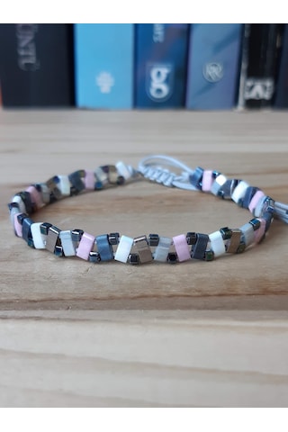 Gri Metalik Küp Boncuklu El Yapımı Kadın Tila Bileklik Gri Pembe Renkli Minimalist Tasarım Takı Hediyelik