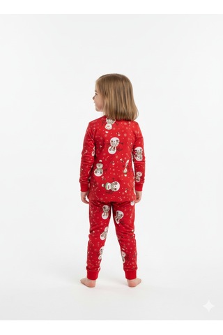 Unisex Kardan Adam Desenli Pijama Takımı Kışlık %100 Pamuk Kırmızı