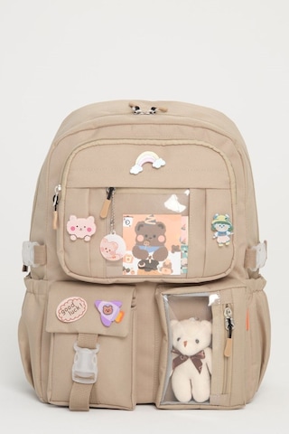 Kawaii Kore Tarzı Aksesuarlı 3'lü Set Çocuk İlkokul Çantası Kalemlikli Beslenme Çantalı Sırt Çantası Bej
