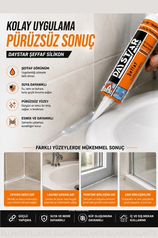 Daystar Şeffaf Silikon Mastik 290 Gr Güçlü Yapışma Suya Dayanıklı Banyo Mutfak Cam Pvc İç Ve Dış Mek Çok Renkli