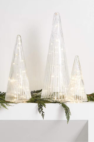 Crate & Barrel Ribbed Clear Glass Christmas Trees Set 3 Modern Cam Ağaçlar Yılbaşı Dekorları Şeffaf