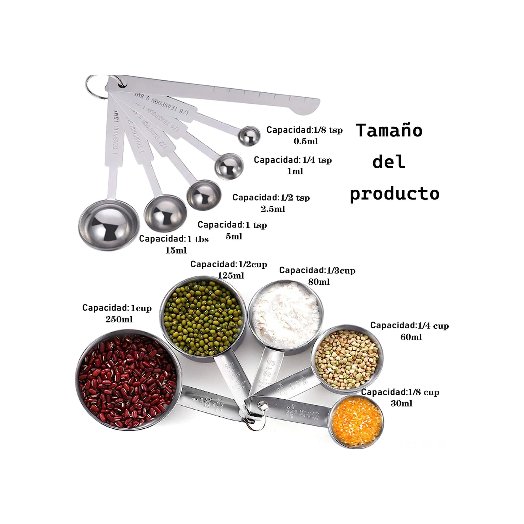 Xiyyadms 11 Parça Paslanmaz Çelik Ölçüm Seti: 5 Ölçü Kase 30-250ml + 5 Kaşık 0.5-15ml + Düzleştirici Aracı Gümüş Gümüş