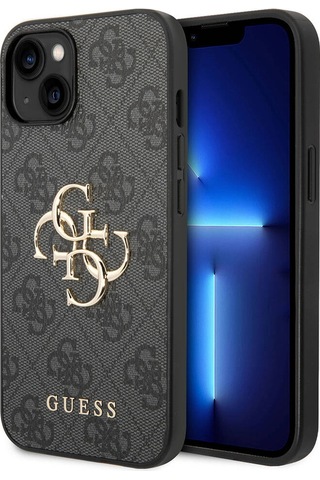 Apple Uyumlu iPhone 14 Kılıf Guess Pu Deri Büyük Metal Logo Dizaynlı Kapak Gri