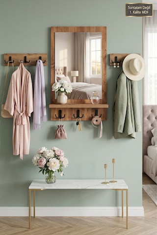 Antik Ahşap Dekoratif 3 Parça Banyo Lavabo Mutfak Aynası Raflı Aynalı Askılık Set Portmanto Oda Duvar Antre Hol Raflı Askılı Ayna Srn-16x Atlantik Çam