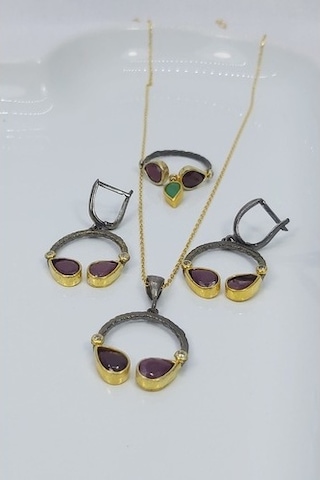 925 Ayar Yakut Taşlı 3 Lü Gümüş Set