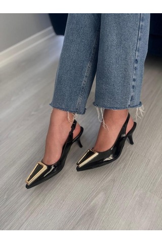 Kadın Rugan Toka Detaylı Arkası Açık Klasik Topuklu Ayakkabı Rozi 001