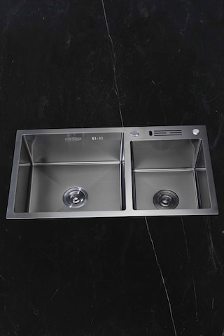Sun Serisi %100 Krom 82x45 İki Göz Bıçak Yuvalı Paslanmaz Mutfak Eviyesi, Mutfak Lavabosu Siyah-düz