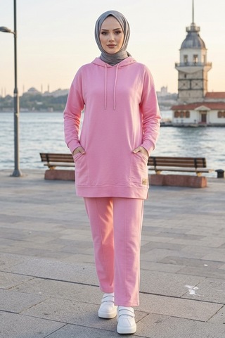 Bestenur Çift Cepli Kapüşonlu İkili Takım 1668 - Pembe