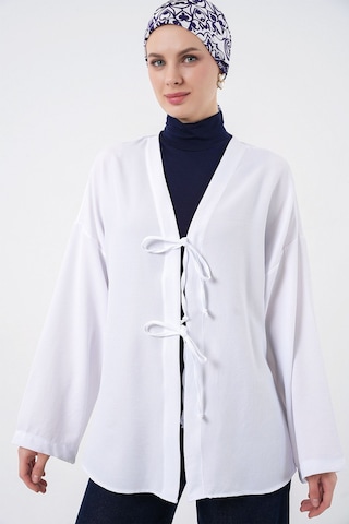Hiccup Bdart Keten Karışımlı Uzun Kollu Önü Bağcıklı Kimono Beyaz
