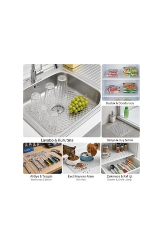 Lavabo Kurutma Matı 32x32 Cm, Şeffaf Petek Desenli Buzluk Ve Dondurucu Raf Koruyucu, Çekmece Raf İçi Kaydırmaz Düzenleyici Mat, Banyo, Tezgah Ve Evcil Hayvan Mama Alanı İçin Çok Amaçlı Mat Açık Gri