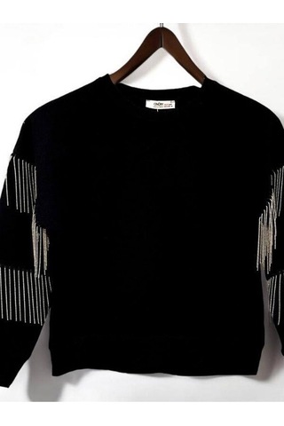 Kız Çocuk Yüzde Yüz Pamuklu İki İplik Zincir Detaylı Sweatshirt-14446 Siyah