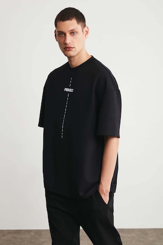 Grimelange Project Erkek Baskı Detaylı Oversize Fit %100 Organik Pamuk Örme Bisiklet Yaka Örme Siyah T-shirt