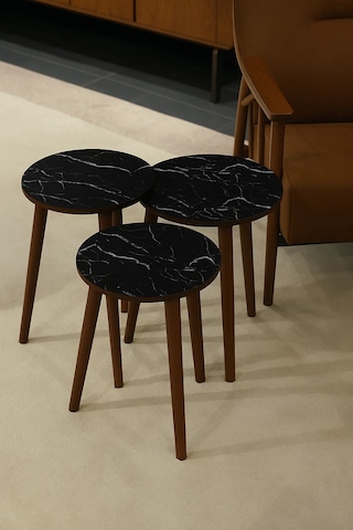 Madrid 3'lü Zigon Sehpa %100 Mdf Yuvarlak Siyah Mermer Desen