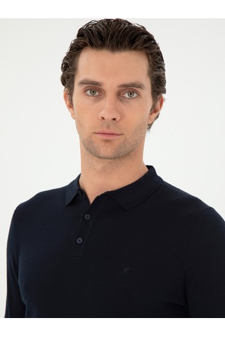 Cacharel Lacivert Slim Fit Yün Karışımlı Polo Yaka Basic Triko Kazak
