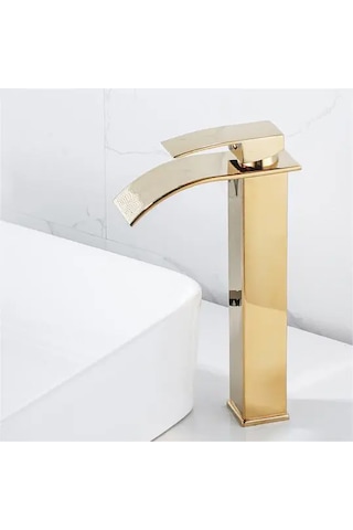 Rena Design Mat Gold Çanak Lavabo Bataryasi Oval Çikiş Yüksek Havza Model Uzun Çift Giriş Altin Musluk Banyo Mat Altın