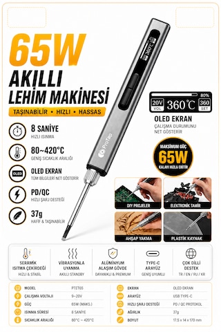 Protap 65w Akıllı Lehim Makinesi Oled Ekranlı Ayarlanabilir 80-420 C Pd/qc Type-c Giriş Taşınabilir Hassas Havya