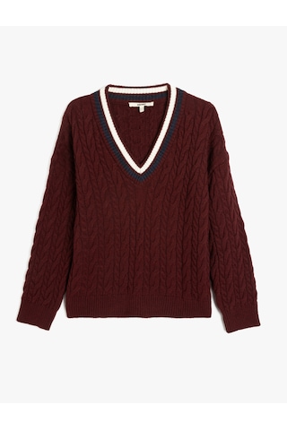 Koton Uzun Kollu Saç Örgü Kadın Oversize V Yaka Kazak Bordo 5wak90766ht Bordo