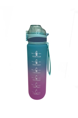 1000 Ml Plastik Motivasyon Matarası Pipetli, Kilitli Ve Taşıma Kulplu Turkuaz - Mor