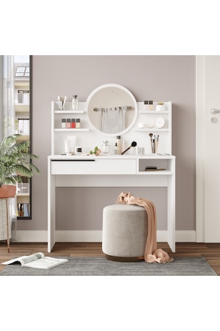 Robin Home Paris Makyaj Masası Aynalı Raflı Çekmeceli Beyaz