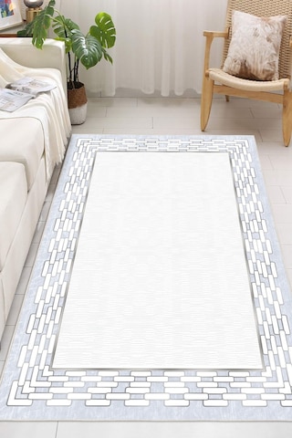 Çerçeveli Modern Kaymaz Taban Makinede Yıkanabilir Halı Oturma Odası Salon Halı Koridor Halı Mavi