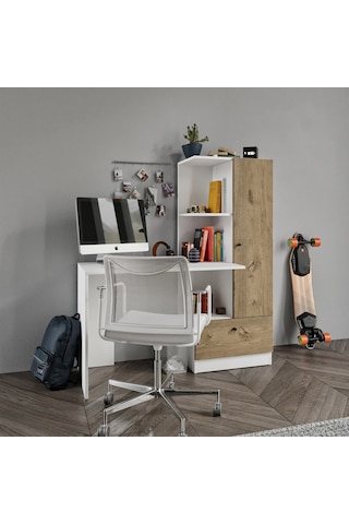 Merlin Mobilya Minör Çalışma Masası Ve 7 Bölmeli Kitaplık Meşe Beyaz - Meşe