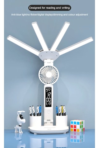 Techtic 8in1 Fanlı Masa Lambası 4 Başlı Lamba Saat Takvim Derece