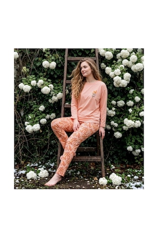 Pijamoni Kadın Sofya Kumaş Bisiklet Yaka Pijama Takımı Somon Desenli