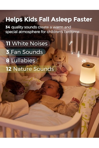 White Noise Makinesi, 34 Ses, 7 Renkli Gece Lambası, App Kontrollü Uyku Yardımı Krem