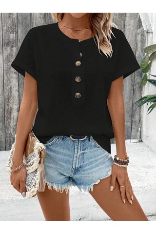 Kadın Kısa Kollu Yakası Açık Önden Düğmeli Waffle Bluz Siyah