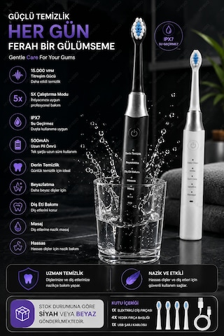 Ahm Elektrikli Diş Fırçası 15000 Vpm 5 Modlu Ipx7 Su Geçirmez Şarjlı Sonic Diş Fırçası 500mah 4 Yedek Başlıklı