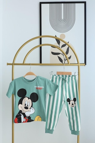 Erkek Çocuk Mickey Kısa Kollu Çizgili Eşofman Takımı Mint Mint Yeşili