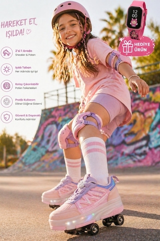 Muggo Sky Çocuk Işıklı Patenli Tekerlekli Sneaker Spor Ayakkabı Pudra