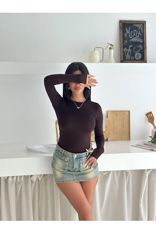 Elaxi Kadın Bisiklet Yaka Uzun Kol Parmak Geçmeli Buzy Bady Acı Kahverengi