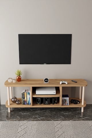 Modern Tv Ünitesi Ahşap Raflı 2 Katlı 4 Raflı Televizyon Sehpası Televizyon Ünitesi Atlantik Çam